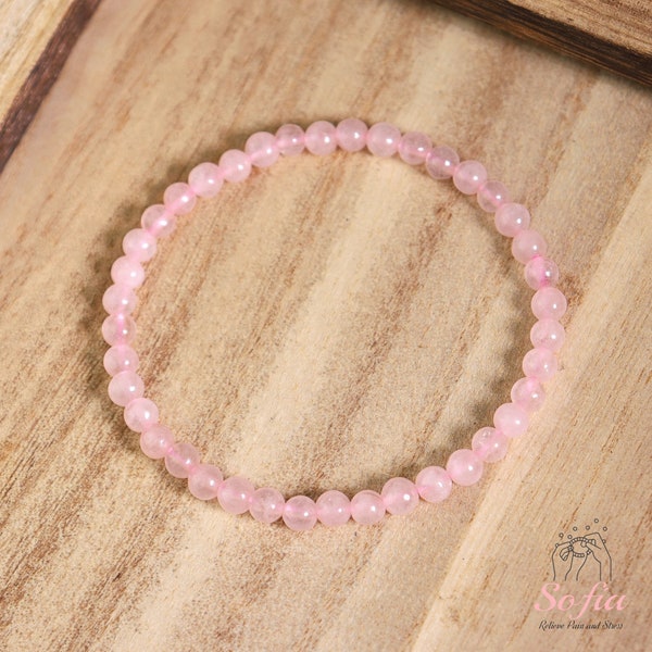 Bracelet en quartz rose naturel de 4 mm - Bracelet délicat en cristal rose - Bracelet de guérison en quartz rose, cadeau d'amour pour elle, cadeau pour lui