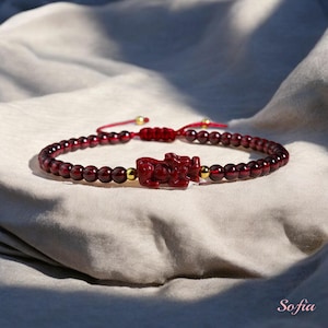 Natural Garnet Bracelet - Burgundy Garnet Stone Pixiu Charm Dainty Bracelet - Red Garnet Gemstone Pi Yao Minimalist Bracelet Gift for her