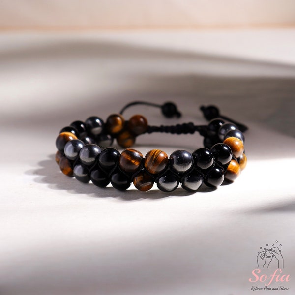 Triple Protection Bracelet - Natural Obsidian Tiger's Eye Stone Bracelet - Hematite Gemstone Braided Bracelet - Gift to him Gift for her