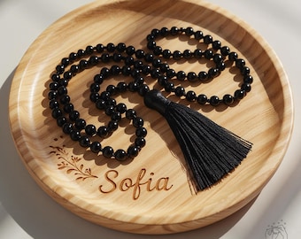Natural Black Obsidian 108 Bead Tassel Necklace – Gemstone Beaded Jewelry – Boho Layering Necklace