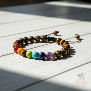 Protection Bracelet Chakra Healing Bracelet - Tiger&#39;s Eye Stone Bracelet 7 Chakra Gemstone Bracelet - Gift to him Gift for her