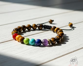 Schutz-Armband Chakra Heilung Armband - Tigerauge Stein-Armband 7 Chakra Edelstein-Armband - Geschenk für ihn Geschenk für sie
