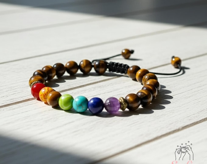 Protection Bracelet Chakra Healing Bracelet - Tiger's Eye Stone Bracelet 7 Chakra Gemstone Bracelet - Gift to him Gift for her