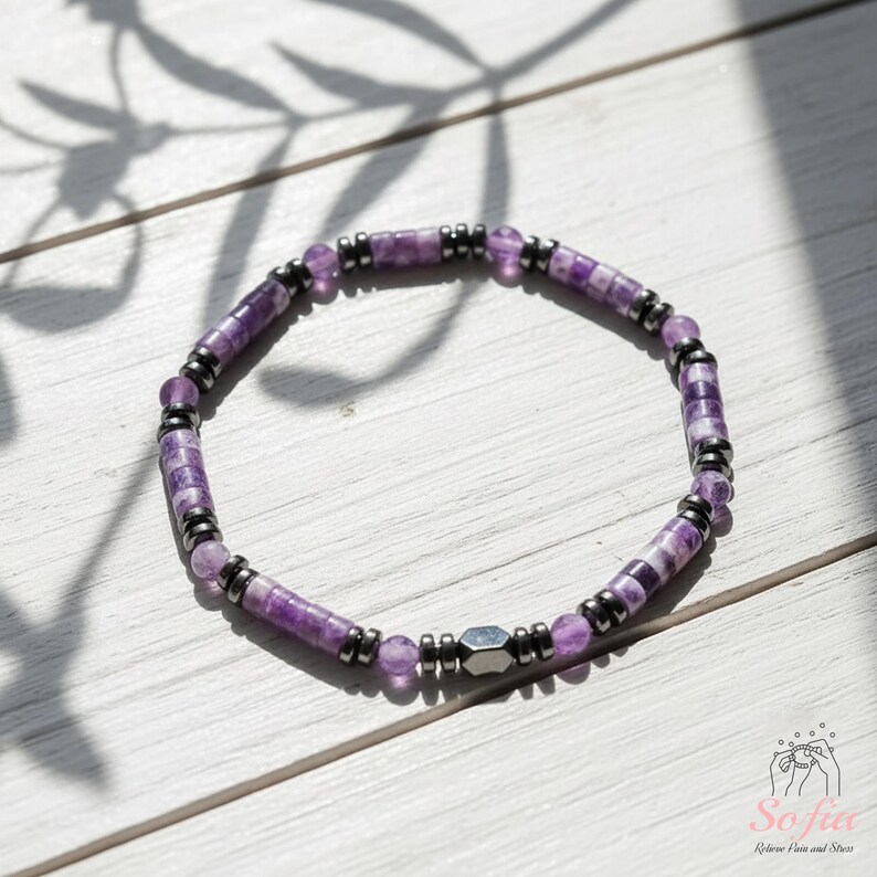 Healing Bracelet Amethyst Stone Bracelet - Natural Hematite Chevron Amethyst Bracelets - Spiritual Healing Crystal Jewelry image 3