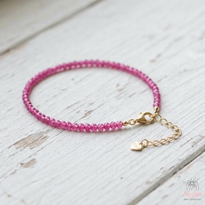 Pink Ruby Bracelet, Dainty Waterproof Beaded Bracelets, Birthstone Jewelry, Minimalist Jewel, Stainless Steel, Stackable