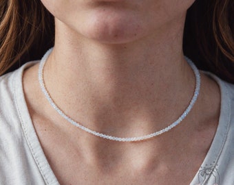 Tiny Gemstone Beaded Necklace, Dainty Faceted Gemstone Beaded Necklace, Waterproof Crystal Beaded Choker, Birthstone Necklace, gift for her
