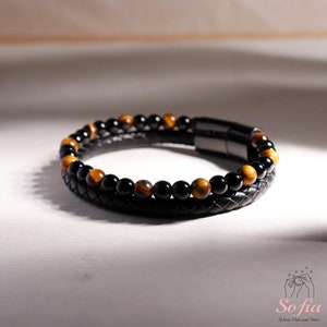 Natural Tiger Eye Obsidian Beads Protection Men's Leather Bracelet