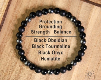 Protection Bracelet - 6mm Black Tourmaline Onyx Obsidian Hematite Stone Bracelet - Healing Crystal Bracelet Gift for her, gift for him