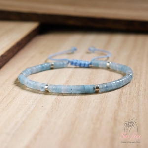 Natural Aquamarine Bracelet - Aqua Blue Crystal Beaded Bracelet - Aquamarine Stone Dainty Minimalist Bracelet Handmade Valentine's Day Gift