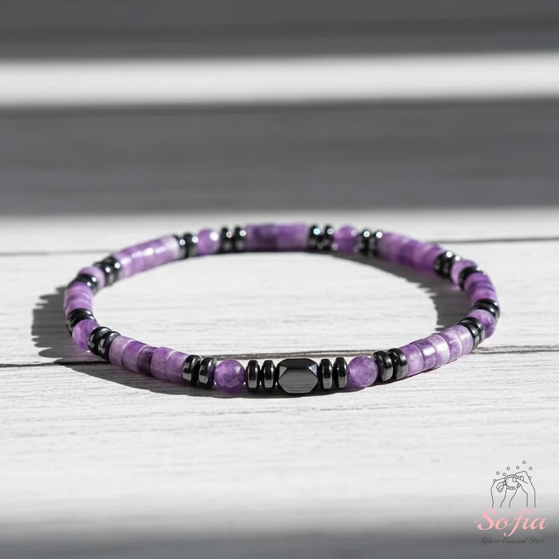 Healing Bracelet Amethyst Stone Bracelet - Natural Hematite Chevron Amethyst Bracelets - Spiritual Healing Crystal Jewelry image 2