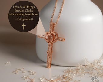 Bible Verse Projection Cross Necklace - Christian Necklace - Personalized Cross Projection Necklace With Photo Inside, Christian Gifts