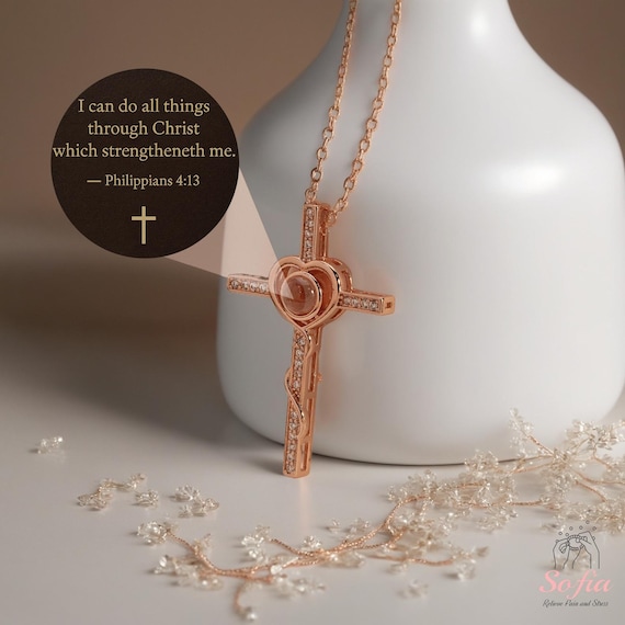 Bible Verse Projection Cross Necklace - Christian Necklace - Personalized Cross Projection Necklace With Photo Inside, Christian Gifts