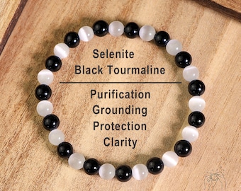 Empath Protection Bracelet - 6mm Black Tourmaline Selenite Stone Bracelet - Healing Bracelet Gift for her, gift for him, Christmas Gift