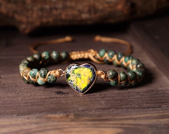 African Turquoise Stone Bracelet - Natural Boho Gemstone Bracelet - Heart Jasper Stone Charm Healing Bracelet - Valentine's Day Gift