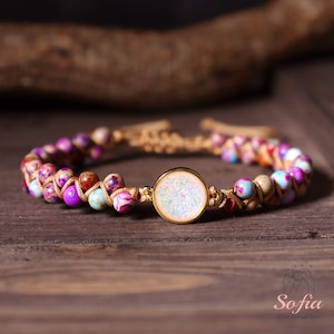 Pulseira de jaspe natural de sedimento marinho - Pulseira trançada de pedra de jaspe roxo - Pulseira de cura com pedra preciosa de opalita - Presente para ela, presente para ele