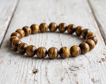 Bracciale in occhio di tigre - Bracciale con perline di pietre preziose da 8 mm - Gioielli di protezione in stile boho, impilabili, elastici