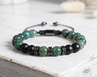 Protection Bracelet Green Jade & Black Onyx Bracelet - Natural Gemstone Beaded Bracelet Gifts for him