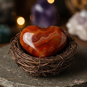 Carnelian Heart Stone, Natural Polished Puffy Carnelian Crystal Heart, Healing Palm Stone Mineral Specimen Gemstone Collection