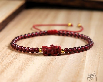 Natural Garnet Bracelet - Burgundy Garnet Stone Pixiu Charm Dainty Bracelet - Red Garnet Gemstone Pi Yao Minimalist Bracelet Gift for her