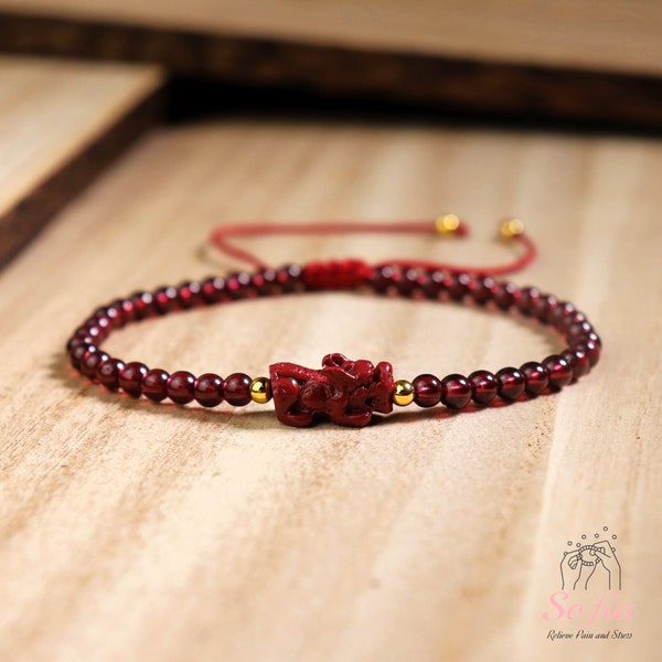 Natural Garnet Bracelet - Burgundy Garnet Stone Pixiu Charm Dainty Bracelet - Red Garnet Gemstone Pi Yao Minimalist Bracelet Gift for her