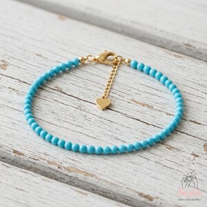 Bracciale turchese, perline rotonde lucide, braccialetti impermeabili con perline, gioielli con pietra portafortuna, gioiello minimalista, chiusura dorata, impilabile