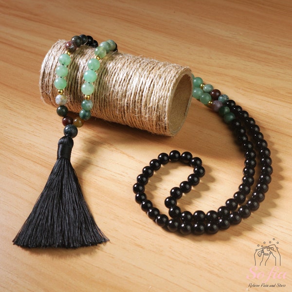 Indian Agate Black Onyx Tassel Necklace - 108 Mala Beads Natural Agate Onyx Stone Necklace Meditation Healing Valentine's Day Gift