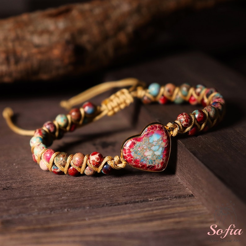 Red Jasper Stone Bracelet - Natural Boho Gemstone Bracelet - Heart Jasper Crystal Charm Healing Bracelet - Gift for her, gift for him image 9