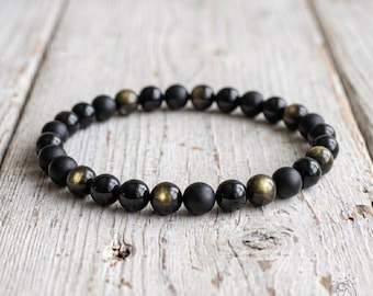 Triple Protection Bracelet - 6mm Black Tourmaline Onyx Gold Obsidian Stone Bracelets - Healing Crystal Bracelet Christmas Gift