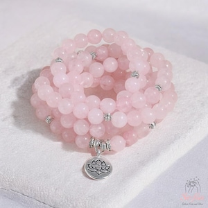 Natural Rose Quartz Stone Beaded Bracelet - 108 Mala Beads 8mm Gemstone Lotus Pendant Necklace Healing Bracelet Gift for her