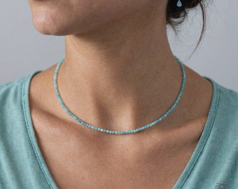 Larimar Choker, Stone Beaded Necklace Blue Crystal Choker, Larimar Choker, Birthstone Necklace Dainty Jewelry Mother&#39;s Day Gift