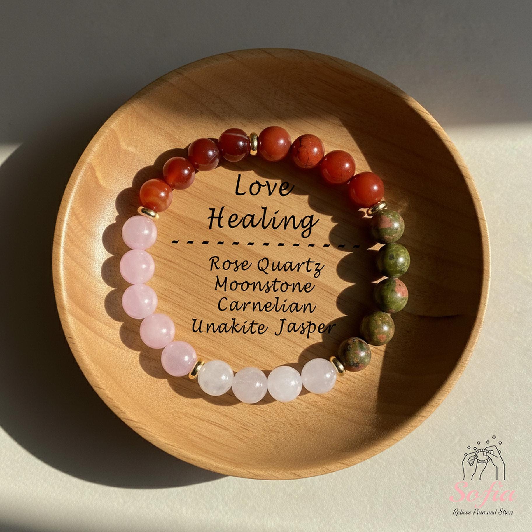 Love Healing Bracelet - 8mm Moonstone Rose Quartz Unakite Red