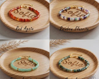 Natural Crystal Stone Barrel Beads Bracelet – Tiny Gemstone Dainty Adjustable – Amethyst, Multicolor