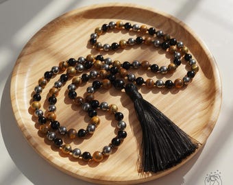Triple Protection Mala Bead Necklace - Tiger Eye Hematite Obsidian Crystal Knotted Tassel Necklace - 108 Mala Beads Rosary - Prayer Necklace