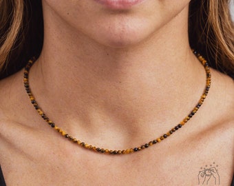 Tiger Eye Choker, Stone Beaded Necklace Yellow Crystal Choker, Yellow Tiger's Eye Choker, Birthstone Necklace Dainty Jewelry Gift for her