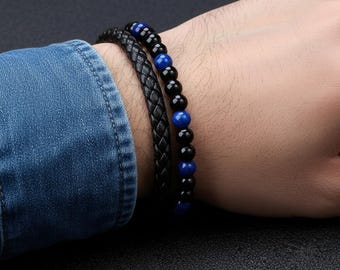 Mens Bracelet - Men's Leather Bracelet - Lapis Lazuli Bracelet Obsidian Bracelets - Protection Bracelets Magnetic Clasp