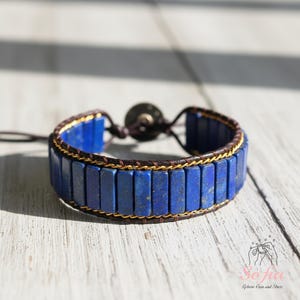 Natural Lapis Lazuli Tube Beaded Braided Bracelet – Blue Gemstone Jewelry – Boho Stackable Bracelet, Adjustable