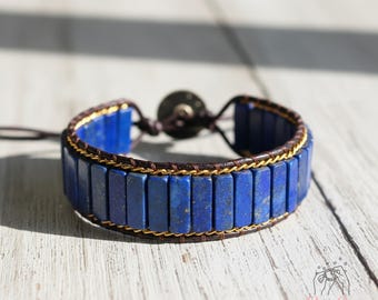 Natural Lapis Lazuli Tube Beaded Braided Bracelet – Blue Gemstone Jewelry – Boho Stackable Bracelet, Adjustable