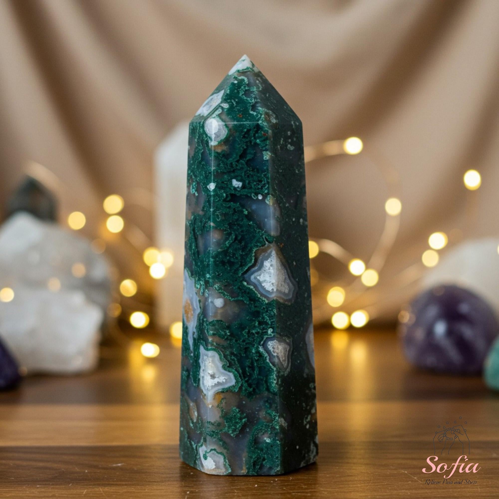 Moss Agate Stone Tower – Healing Crystal Obelisk, Mineral Specimen