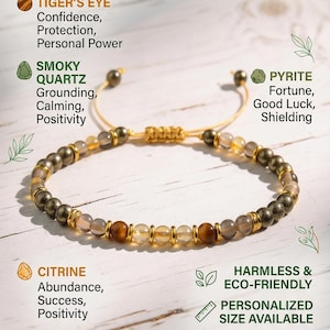 Pulsera de Energía Dorada - Pulsera de Abundancia y Protección - Pulsera de Citrino, Ojo de Tigre, Pirita y Cuarzo Ahumado - Pulsera de Cristal Minimalista imagen 2