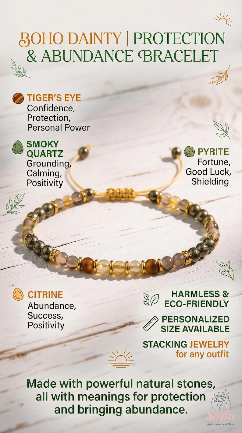 Pulsera de Energía Dorada - Pulsera de Abundancia y Protección - Pulsera de Citrino, Ojo de Tigre, Pirita y Cuarzo Ahumado - Pulsera de Cristal Minimalista imagen 2