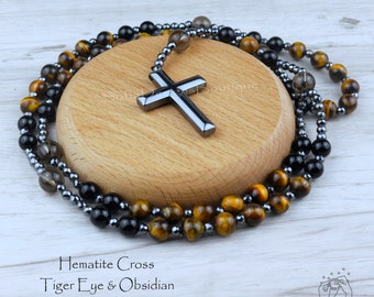 Tiger's Eye Onyx Beaded Catholic Christ Hematite Cross Pendant Necklace
