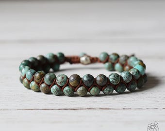 Natural African Turquoise Bracelet - Green Turquoise Stone Braided Bracelet - Green Gemstone Healing Bracelet Gift to him, gift to her