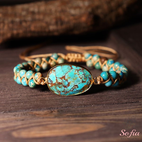 Turquoise Stone Bracelet - Natural Boho Gemstone Bracelet - Copper Plated Turquoise Crystal Healing Bracelet - Gift for her, gift for him