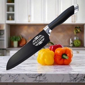 Custom Engraved Black Kitchen Knife – Ultralight, Razor Sharp, Personalized Artwork with Gift Box & Blade Cover