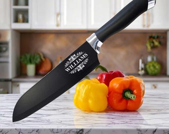 Custom Engraved Black Kitchen Knife – Ultralight, Razor Sharp, Personalized Artwork with Gift Box & Blade Cover
