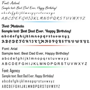 Puede incluir: Una comparaci&oacute;n de cuatro fuentes diferentes: Actual, Malinda, Arial y Agency. Cada fuente se muestra con el texto de muestra "Best Dad Ever, Happy Birthday!" y el alfabeto en min&uacute;sculas y may&uacute;sculas.
