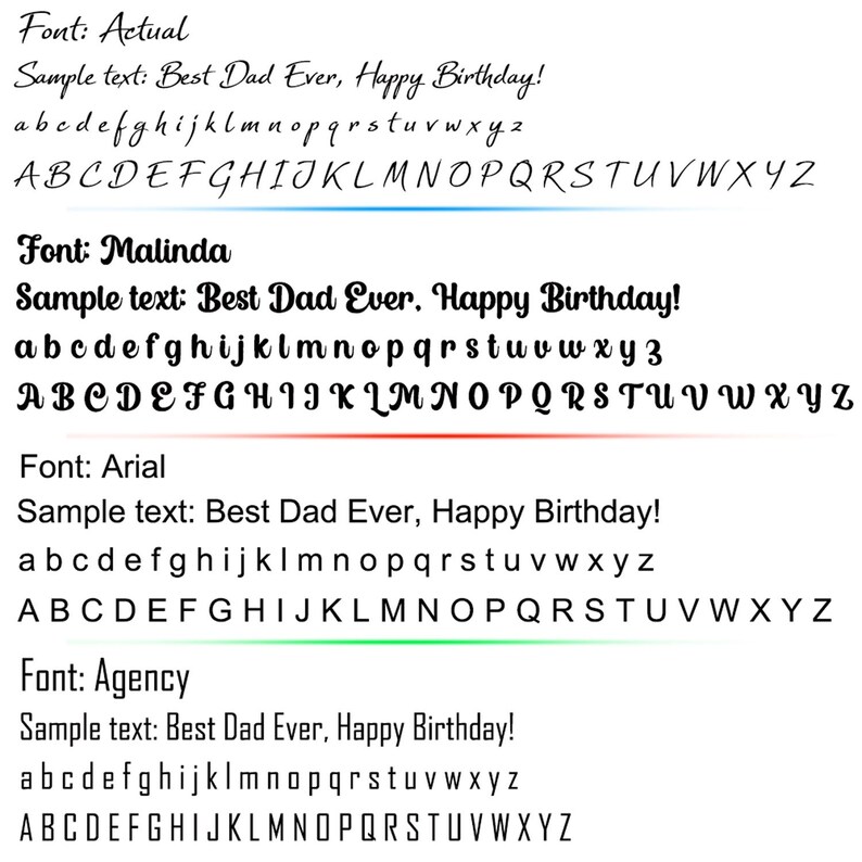 Puede incluir: Una comparaci&oacute;n de cuatro fuentes diferentes: Actual, Malinda, Arial y Agency. Cada fuente se muestra con el texto de muestra "Best Dad Ever, Happy Birthday!" y el alfabeto en min&uacute;sculas y may&uacute;sculas.