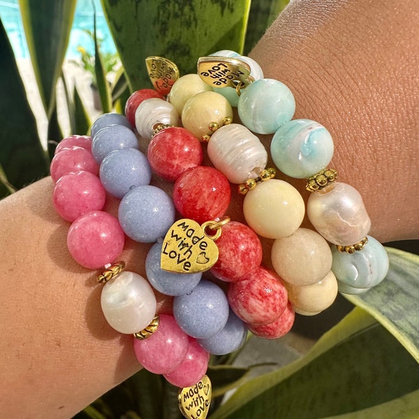 Beaded Bracelet Set / Natural Aragonite Beads / Affirmation Beads/ Boho Bohemaian Style / Stackable Arm Candy/ Gifts for Her/Summer Bracelet