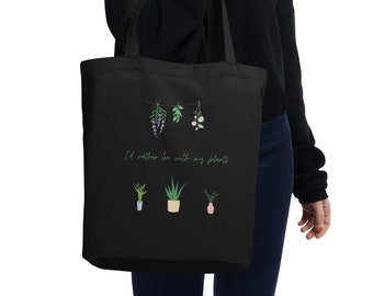 Sac fourre-tout noir en coton bio à motif végétal mignon