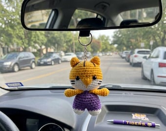 Purple Gold Tiger Crochet Keychain, College Football Game Day Charm, Handmade Tiger Bag Charm, School Spirit Gift, Sports Fan Keyring